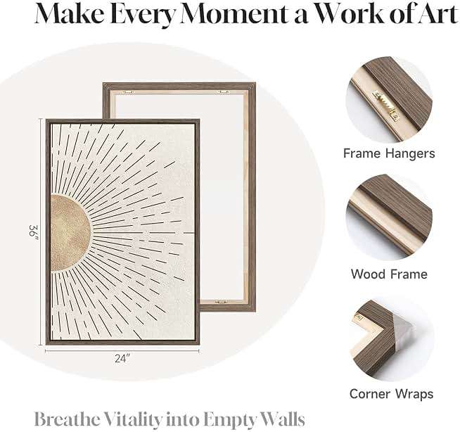 Framed Large Boho Neutral Abstract Wall Art for Living Room, Black Beige Sun and Moon Paintings Prints for Hallway Office, Set of 3 Piece Modern Minimalist Canvas Artwork Pictures 24x36 Inch - Image 5