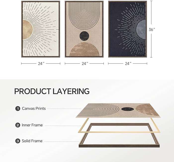 Framed Large Boho Neutral Abstract Wall Art for Living Room, Black Beige Sun and Moon Paintings Prints for Hallway Office, Set of 3 Piece Modern Minimalist Canvas Artwork Pictures 24x36 Inch - Image 8