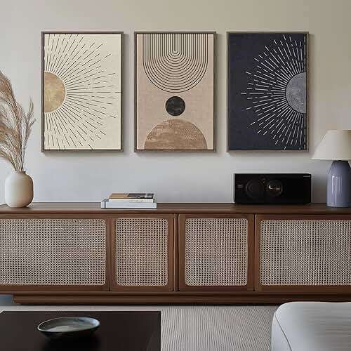 Framed Large Boho Neutral Abstract Wall Art for Living Room, Black Beige Sun and Moon Paintings Prints for Hallway Office, Set of 3 Piece Modern Minimalist Canvas Artwork Pictures 24x36 Inch - Image 9