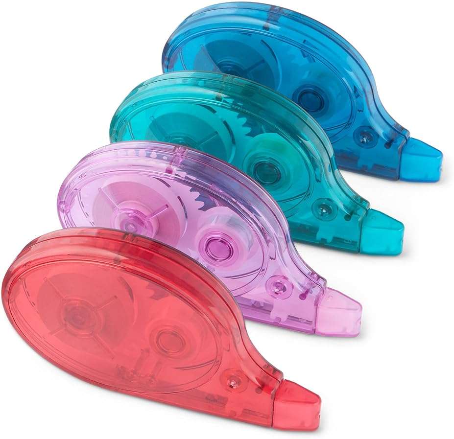Amazon Basics White-Out Correction Tape with Dispenser, 39.3ft, 4-Pack, Tear-Resistant Tape for Office or School Supplies, Green, Orange, Purple, Red, Blue - Image 1