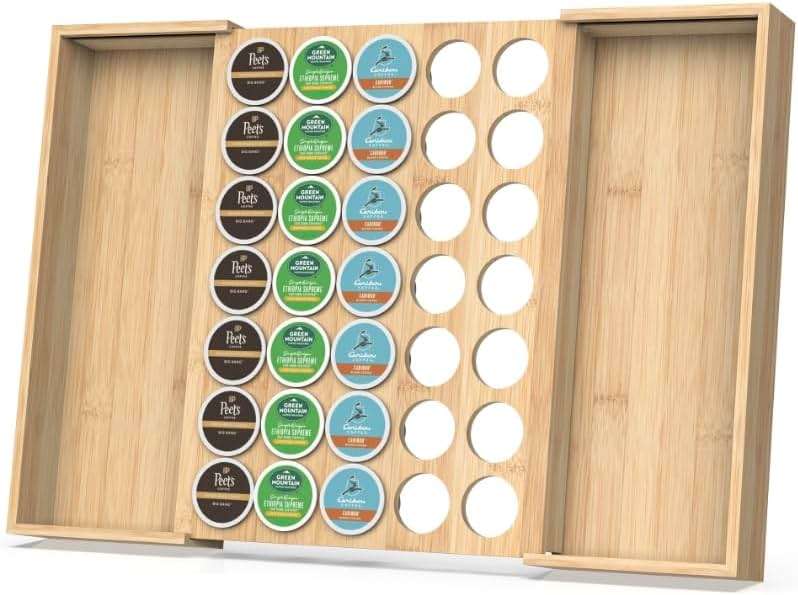 WELL WENG Larger Expandable Bamboo Coffee Pod Holder for Counter Drawer Display, 35 Pod Capacity, K-Cup Pods - Tea Bags Storage Organizer Holder (Bamboo) - Image 1