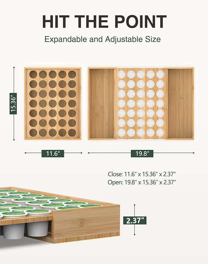 WELL WENG Larger Expandable Bamboo Coffee Pod Holder for Counter Drawer Display, 35 Pod Capacity, K-Cup Pods - Tea Bags Storage Organizer Holder (Bamboo) - Image 3