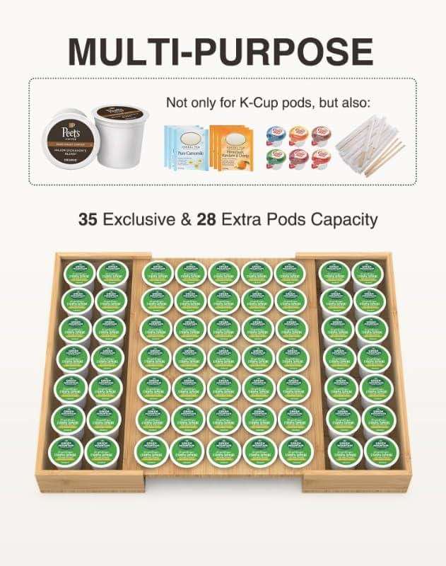 WELL WENG Larger Expandable Bamboo Coffee Pod Holder for Counter Drawer Display, 35 Pod Capacity, K-Cup Pods - Tea Bags Storage Organizer Holder (Bamboo) - Image 6