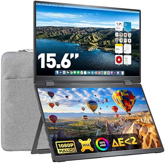 Upperizon Portable Monitor Foldable Dual Screen 15.6 inch FHD 107% sRGB IPS HDMI USB-C Travel Monitor for Laptop Mac PC Windows, DisplayLink Stacked Screen Extender with Kickstand, VESA Compatible - Image 1