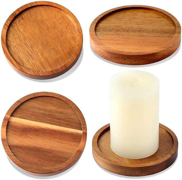 Wood Candle Holder Farmhouse Decor - HALE OTEIR Wooden Pillar Candles Holder for Pillar Floating Candles Set of 4 Round Wooden Plate Pedestal Stand for Coffee Table for Christmas Decor - Image 1