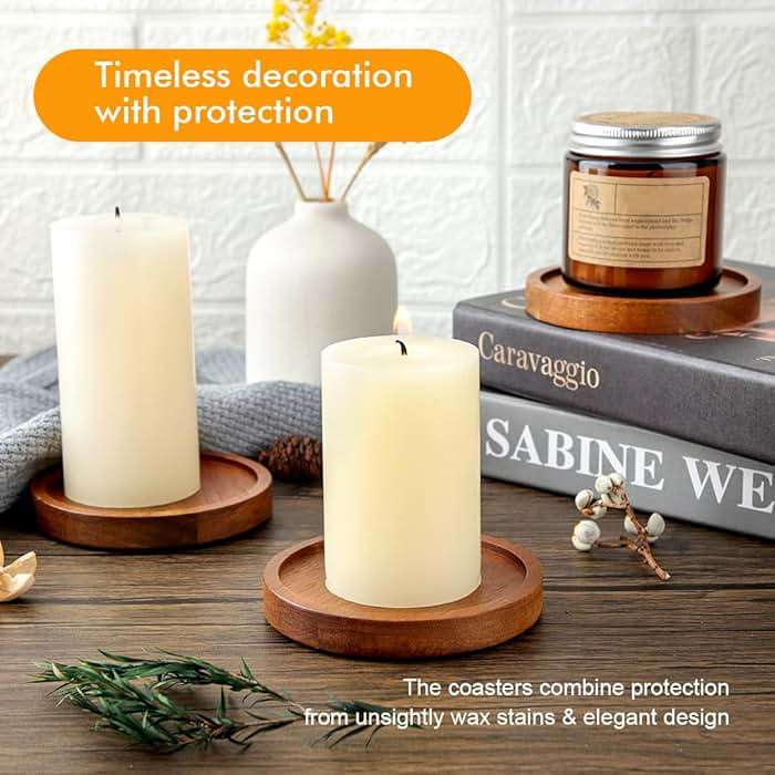 Wood Candle Holder Farmhouse Decor - HALE OTEIR Wooden Pillar Candles Holder for Pillar Floating Candles Set of 4 Round Wooden Plate Pedestal Stand for Coffee Table for Christmas Decor - Image 4