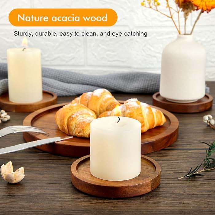 Wood Candle Holder Farmhouse Decor - HALE OTEIR Wooden Pillar Candles Holder for Pillar Floating Candles Set of 4 Round Wooden Plate Pedestal Stand for Coffee Table for Christmas Decor - Image 6