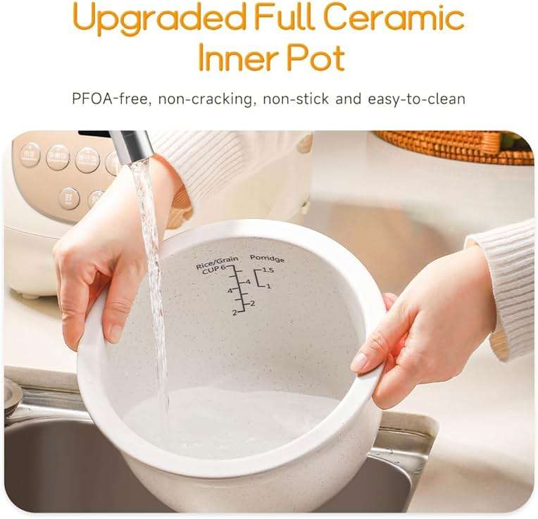 Joydeem Ceramic Rice Cooker, 6 Cups Uncooked Rice Cookers with Pure Ceramic Inner Pot, Healthy & PFOA Free, 3L/3.2 qt, DFB-C300 - Image 3