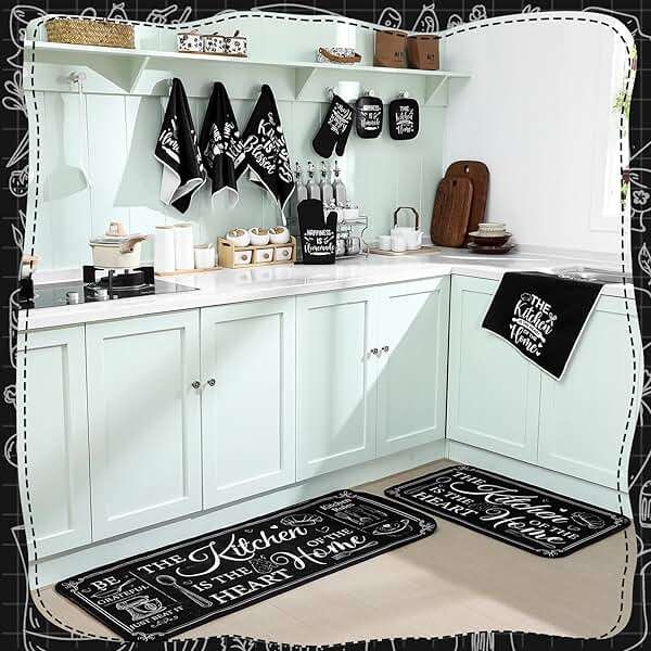 Fourluoo 10 Pcs Farmhouse Kitchen Decor and Accessories Set 4 Kitchen Towels 2 Pot Holders 2 Oven Mitts 2 Rugs for Cooking Baking Mom Housewarming Gifts(Black,Classic Style) - Image 2