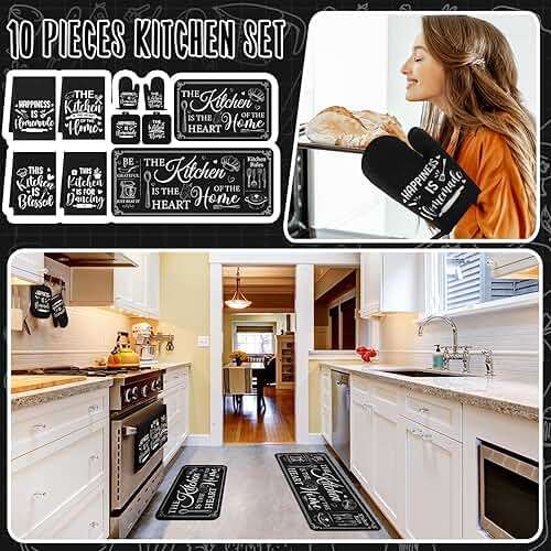 Fourluoo 10 Pcs Farmhouse Kitchen Decor and Accessories Set 4 Kitchen Towels 2 Pot Holders 2 Oven Mitts 2 Rugs for Cooking Baking Mom Housewarming Gifts(Black,Classic Style) - Image 3