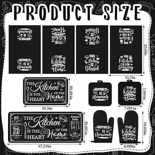 Fourluoo 10 Pcs Farmhouse Kitchen Decor and Accessories Set 4 Kitchen Towels 2 Pot Holders 2 Oven Mitts 2 Rugs for Cooking Baking Mom Housewarming Gifts(Black,Classic Style) - Image 4