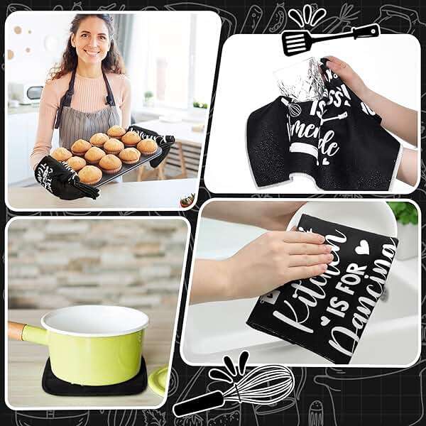 Fourluoo 10 Pcs Farmhouse Kitchen Decor and Accessories Set 4 Kitchen Towels 2 Pot Holders 2 Oven Mitts 2 Rugs for Cooking Baking Mom Housewarming Gifts(Black,Classic Style) - Image 5