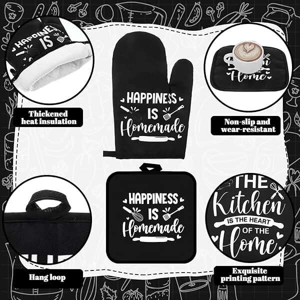 Fourluoo 10 Pcs Farmhouse Kitchen Decor and Accessories Set 4 Kitchen Towels 2 Pot Holders 2 Oven Mitts 2 Rugs for Cooking Baking Mom Housewarming Gifts(Black,Classic Style) - Image 6
