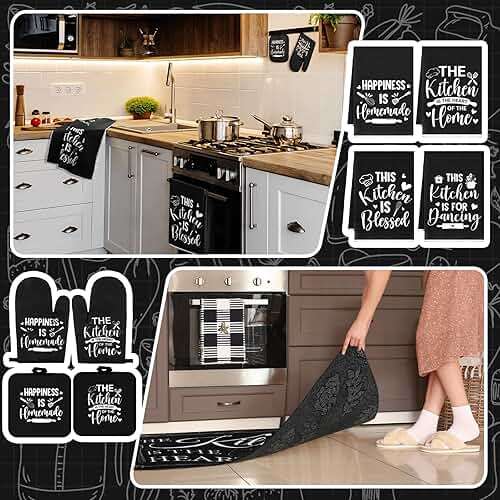 Fourluoo 10 Pcs Farmhouse Kitchen Decor and Accessories Set 4 Kitchen Towels 2 Pot Holders 2 Oven Mitts 2 Rugs for Cooking Baking Mom Housewarming Gifts(Black,Classic Style) - Image 7