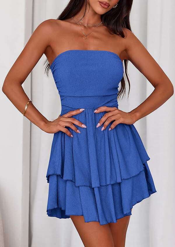 PRETTYGARDEN Women's 2026 Summer Strapless Tube Mini Dress Off Shoulder Smocked Ruffle A Line Flowy Short Party Club Dresses - Image 3