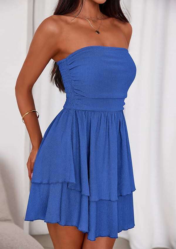 PRETTYGARDEN Women's 2026 Summer Strapless Tube Mini Dress Off Shoulder Smocked Ruffle A Line Flowy Short Party Club Dresses - Image 4