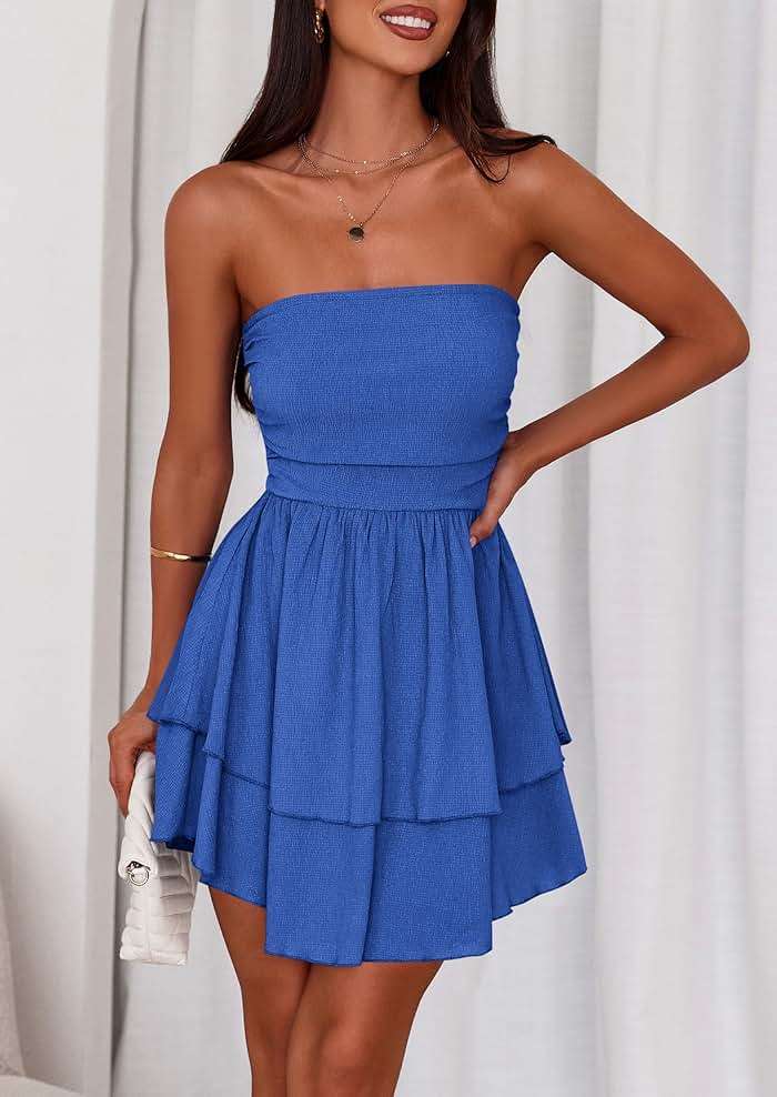 PRETTYGARDEN Women's 2026 Summer Strapless Tube Mini Dress Off Shoulder Smocked Ruffle A Line Flowy Short Party Club Dresses - Image 7