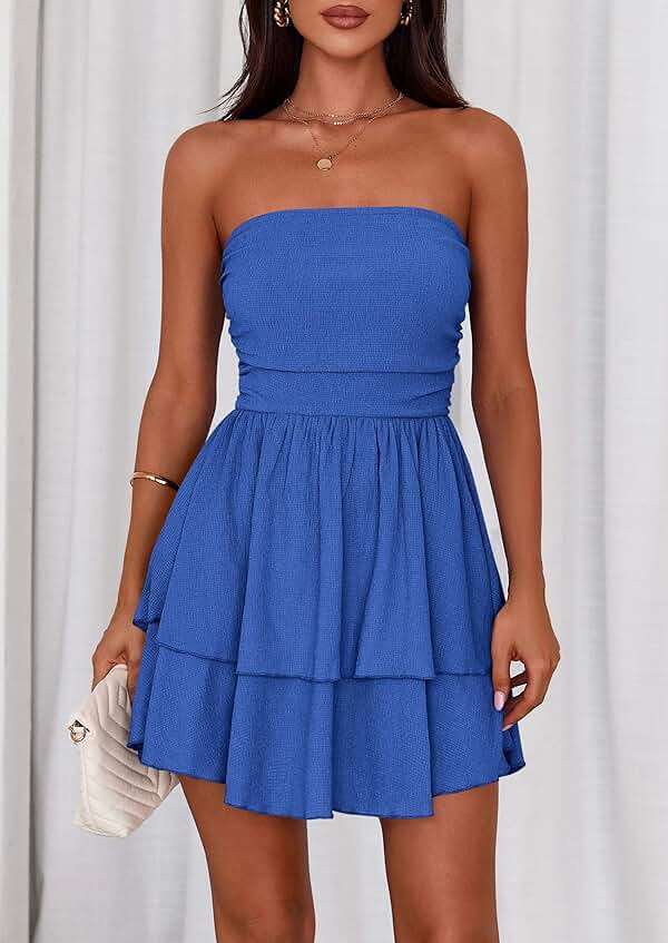 PRETTYGARDEN Women's 2026 Summer Strapless Tube Mini Dress Off Shoulder Smocked Ruffle A Line Flowy Short Party Club Dresses - Image 8