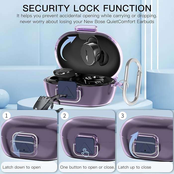 Secure Lock Case for New Bose QuietComfort Earbuds Case(2024), Clear TPU Shockproof Protective Cover for Bose QuietComfort Earbuds 2024 with Cleaning Kit& Keychain&Lanyard (Clear Purple) - Image 2