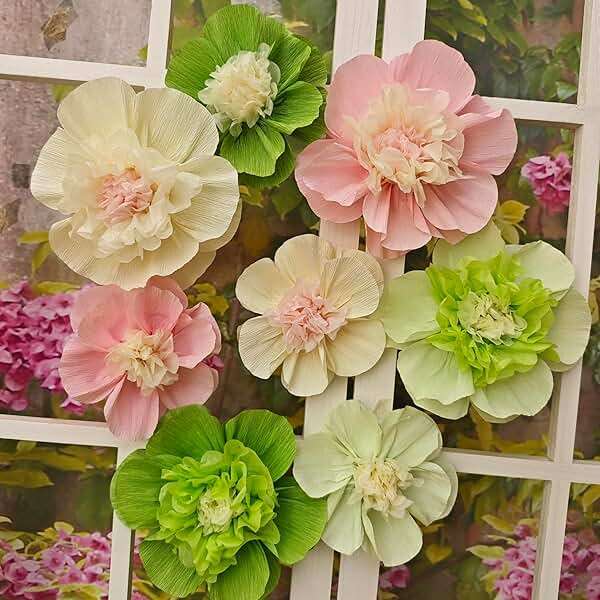 Mybbshower Crepe Paper Flower for Wall Psprt Pom Pom Decor Girls Birthday Party Backdrop Baby Shower Nursery Room Decoration Pack of 9 (Pink Green) - Image 2