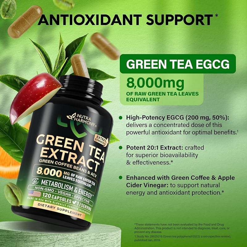 Green Tea Extract - 50% EGCG, Extra Strength 20:1 Extract - Natural Green Tea Supplement + Green Coffee Beans & Apple Cider Vinegar - Energy & Metabolism Support - for Men & Women - Vegan 120 Capsules - Image 4