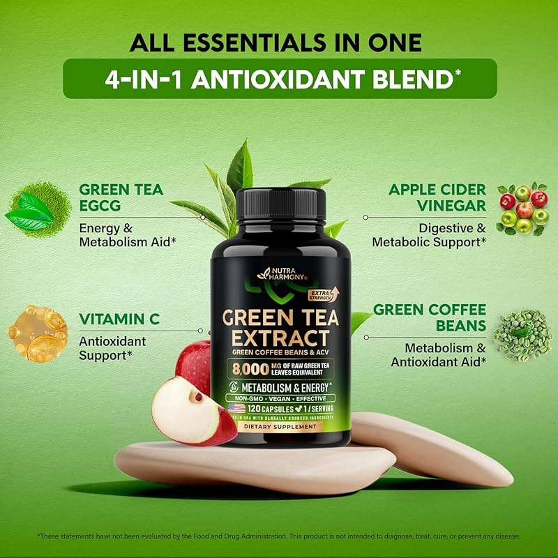 Green Tea Extract - 50% EGCG, Extra Strength 20:1 Extract - Natural Green Tea Supplement + Green Coffee Beans & Apple Cider Vinegar - Energy & Metabolism Support - for Men & Women - Vegan 120 Capsules - Image 5