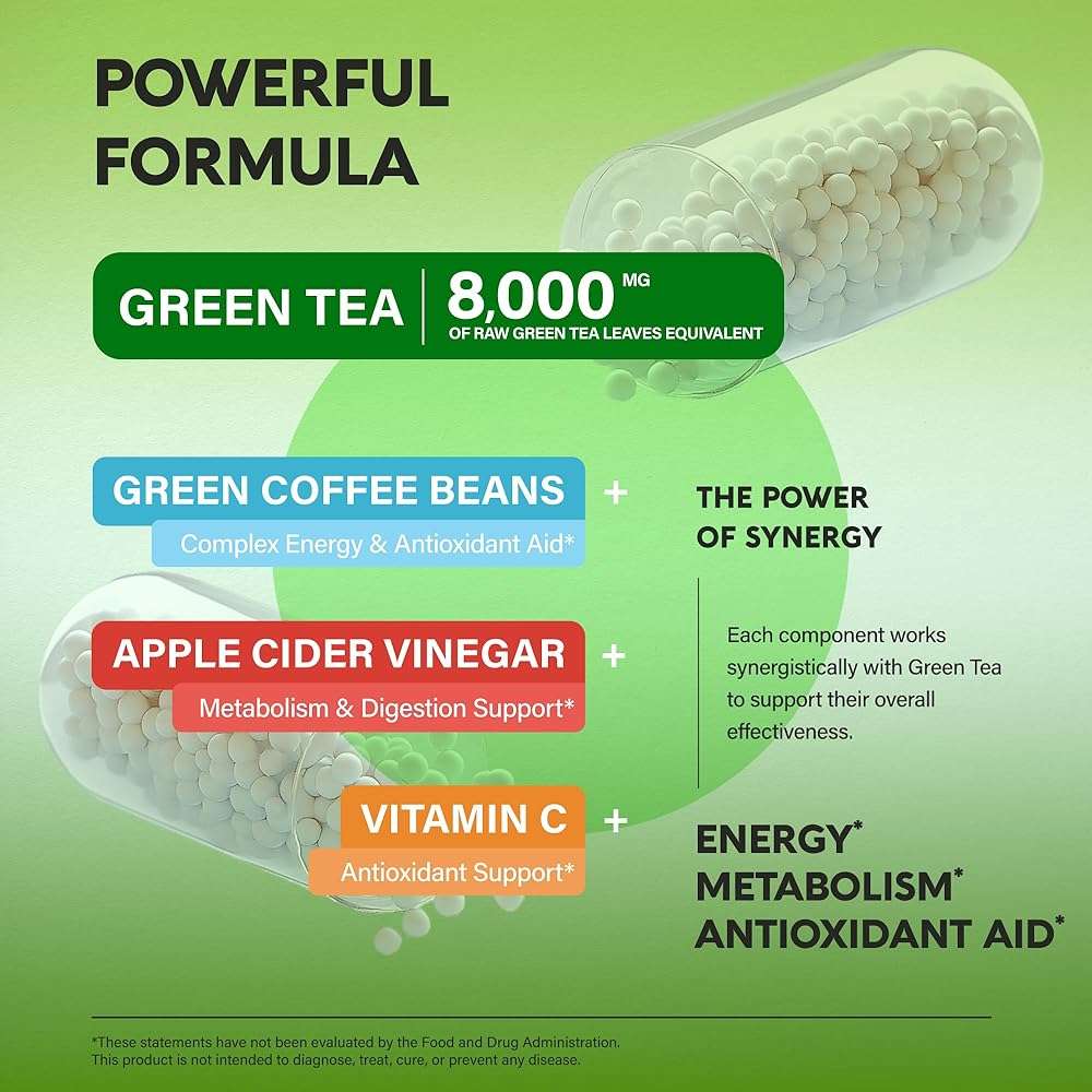 Green Tea Extract - 50% EGCG, Extra Strength 20:1 Extract - Natural Green Tea Supplement + Green Coffee Beans & Apple Cider Vinegar - Energy & Metabolism Support - for Men & Women - Vegan 120 Capsules - Image 6