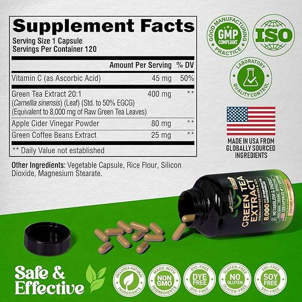 Green Tea Extract - 50% EGCG, Extra Strength 20:1 Extract - Natural Green Tea Supplement + Green Coffee Beans & Apple Cider Vinegar - Energy & Metabolism Support - for Men & Women - Vegan 120 Capsules - Image 8