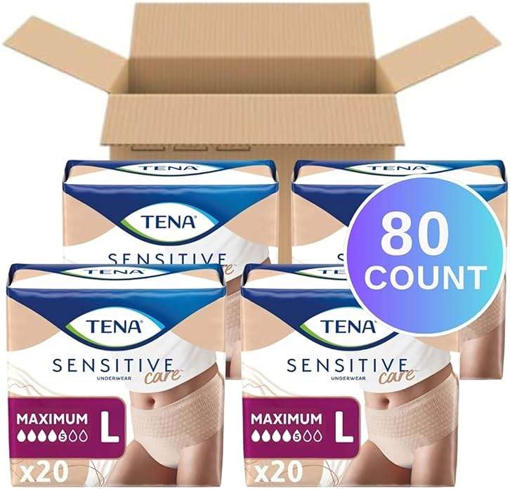 Tena Sensitive Care Incontinence Underwear for Women, Maximum Absorbency, Adult Diapers, Large (Waist Sizes 34in-44in), 80 Count (4 Packs of 20) - Image 2