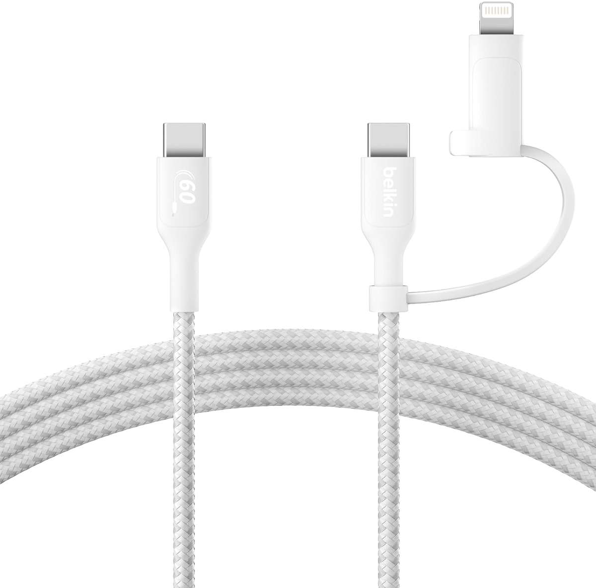Belkin BoostCharge Braided 2-in-1 USB-C Charging Cable w/USB-C & Lightning Connector (1.5M) Fast & Multi-Charging for iPhone Series, iPad, MacBook, Galaxy Series, Nintendo Switch 2 & More - White - Image 1