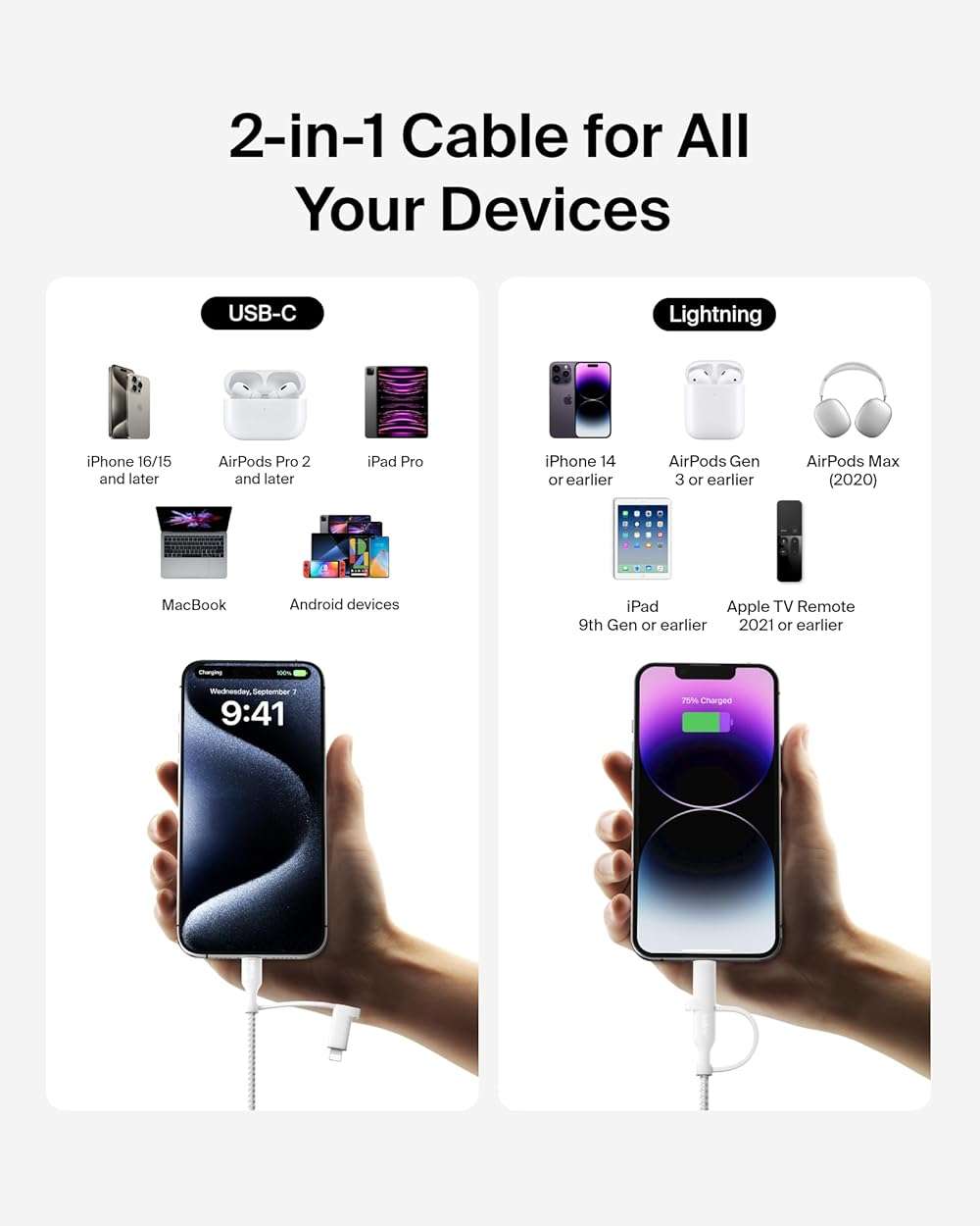 Belkin BoostCharge Braided 2-in-1 USB-C Charging Cable w/USB-C & Lightning Connector (1.5M) Fast & Multi-Charging for iPhone Series, iPad, MacBook, Galaxy Series, Nintendo Switch 2 & More - White - Image 2