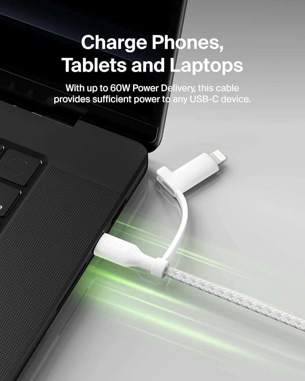 Belkin BoostCharge Braided 2-in-1 USB-C Charging Cable w/USB-C & Lightning Connector (1.5M) Fast & Multi-Charging for iPhone Series, iPad, MacBook, Galaxy Series, Nintendo Switch 2 & More - White - Image 5