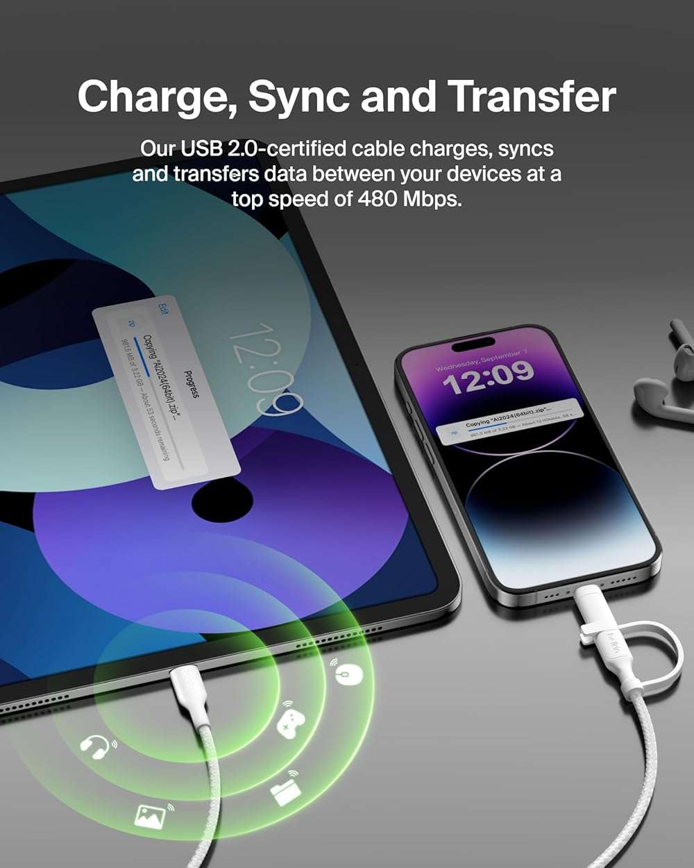 Belkin BoostCharge Braided 2-in-1 USB-C Charging Cable w/USB-C & Lightning Connector (1.5M) Fast & Multi-Charging for iPhone Series, iPad, MacBook, Galaxy Series, Nintendo Switch 2 & More - White - Image 7
