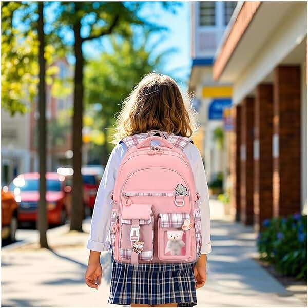 PRLINJSK Girls Backpack，Cute School Backpack for Girls Kids Teens，Kawaii Bookbag for Primary Elementary，Pink - Image 2