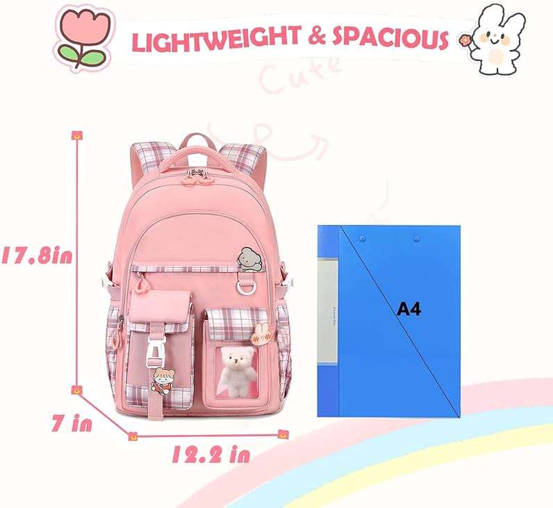 PRLINJSK Girls Backpack，Cute School Backpack for Girls Kids Teens，Kawaii Bookbag for Primary Elementary，Pink - Image 3