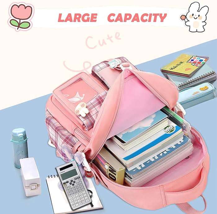 PRLINJSK Girls Backpack，Cute School Backpack for Girls Kids Teens，Kawaii Bookbag for Primary Elementary，Pink - Image 4