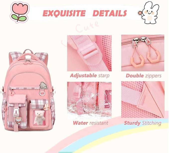 PRLINJSK Girls Backpack，Cute School Backpack for Girls Kids Teens，Kawaii Bookbag for Primary Elementary，Pink - Image 5