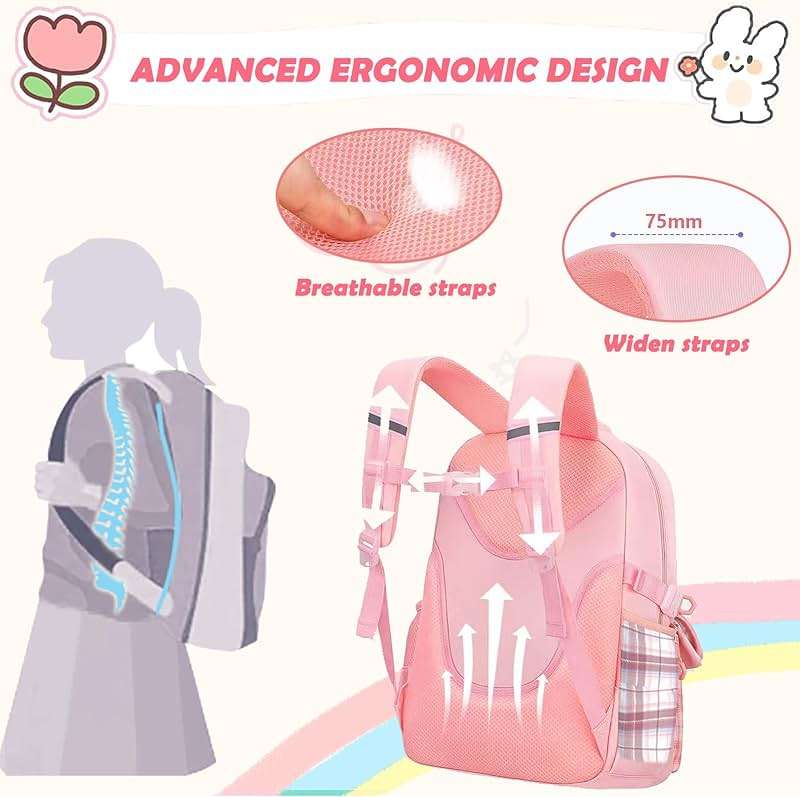 PRLINJSK Girls Backpack，Cute School Backpack for Girls Kids Teens，Kawaii Bookbag for Primary Elementary，Pink - Image 6