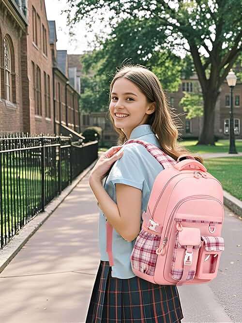 PRLINJSK Girls Backpack，Cute School Backpack for Girls Kids Teens，Kawaii Bookbag for Primary Elementary，Pink - Image 7