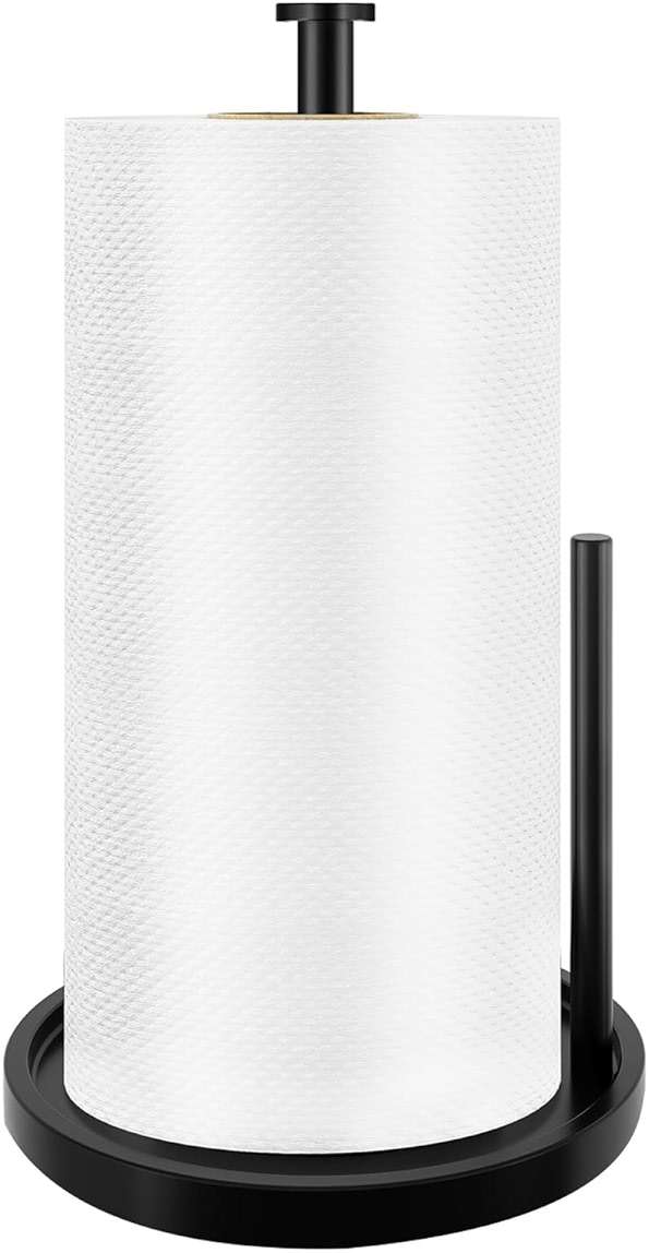 Paper Towel Holder Countertop, Standing Paper Roll Holder with Anti Slip Weighted Base, Stainless Steel Freestanding Paper Towel Holder for Kitchen, Black - Image 1