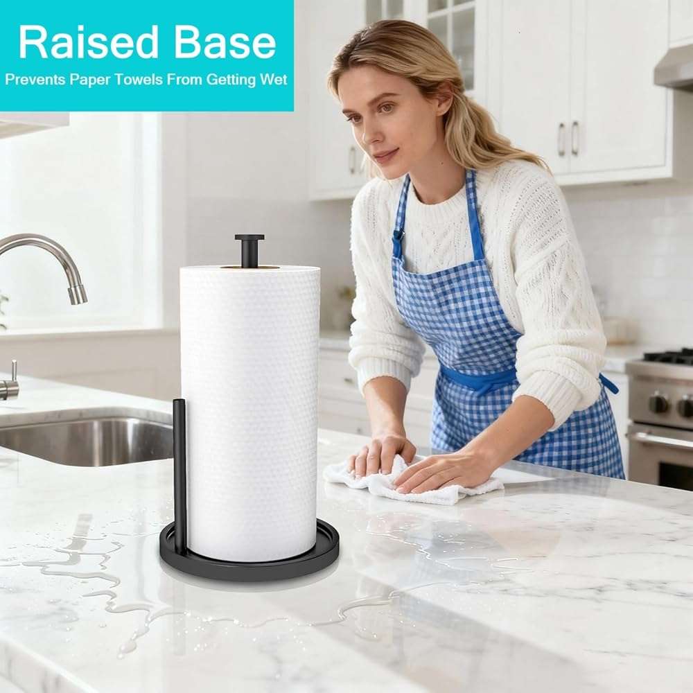 Paper Towel Holder Countertop, Standing Paper Roll Holder with Anti Slip Weighted Base, Stainless Steel Freestanding Paper Towel Holder for Kitchen, Black - Image 2