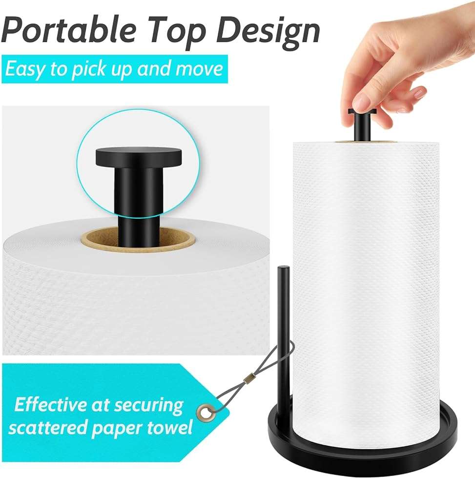 Paper Towel Holder Countertop, Standing Paper Roll Holder with Anti Slip Weighted Base, Stainless Steel Freestanding Paper Towel Holder for Kitchen, Black - Image 4