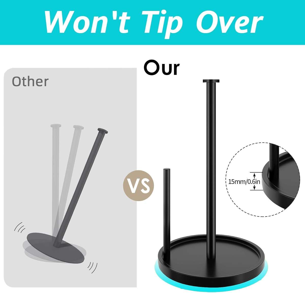 Paper Towel Holder Countertop, Standing Paper Roll Holder with Anti Slip Weighted Base, Stainless Steel Freestanding Paper Towel Holder for Kitchen, Black - Image 5