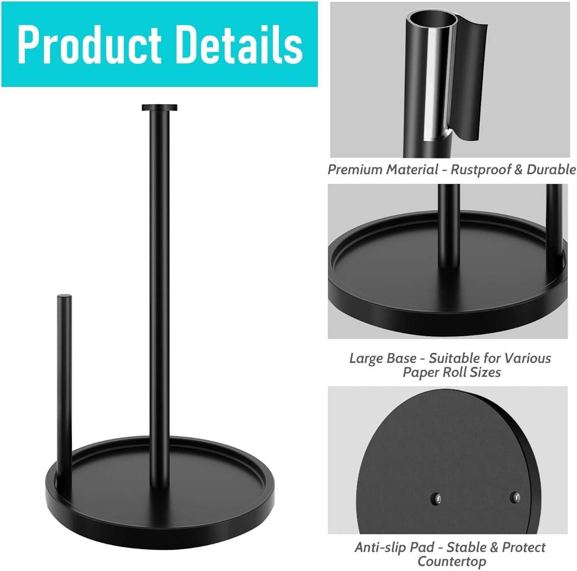Paper Towel Holder Countertop, Standing Paper Roll Holder with Anti Slip Weighted Base, Stainless Steel Freestanding Paper Towel Holder for Kitchen, Black - Image 7