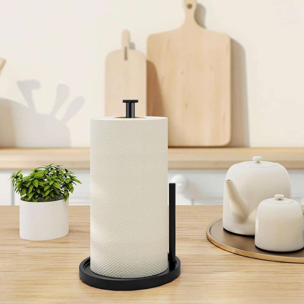 Paper Towel Holder Countertop, Standing Paper Roll Holder with Anti Slip Weighted Base, Stainless Steel Freestanding Paper Towel Holder for Kitchen, Black - Image 8