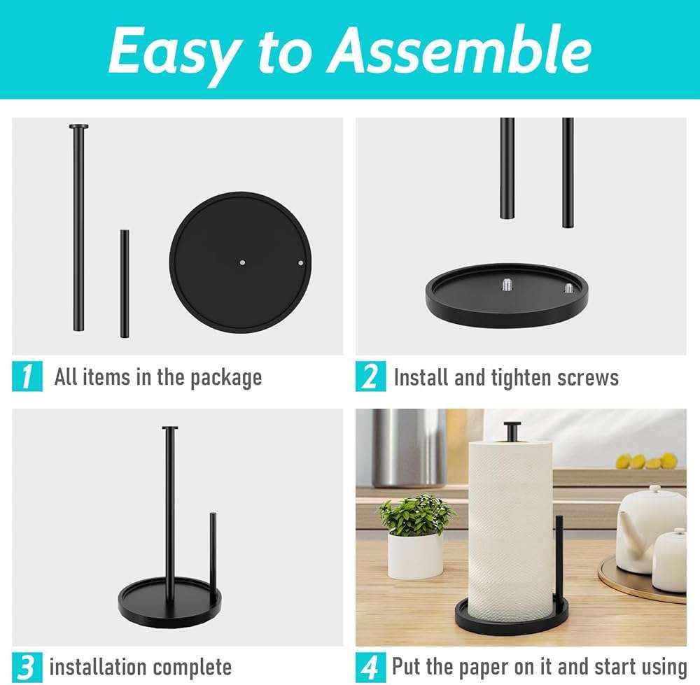 Paper Towel Holder Countertop, Standing Paper Roll Holder with Anti Slip Weighted Base, Stainless Steel Freestanding Paper Towel Holder for Kitchen, Black - Image 9