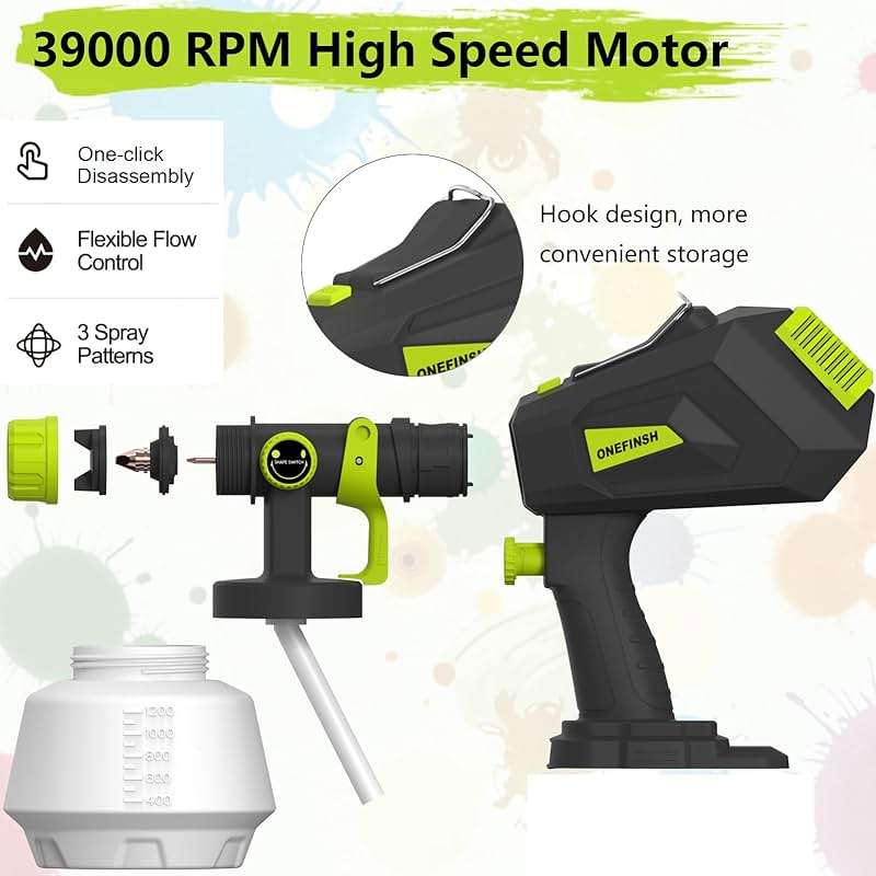 ONEFINSH Cordless Paint Sprayer for Ryobi 18V Battery, Handheld HVLP Paint Gun with 3 Spray Patterns & 4 Nozzles, Ideal for DIY Projects, House Painting, Furniture & More (No Battery Included) - Image 4