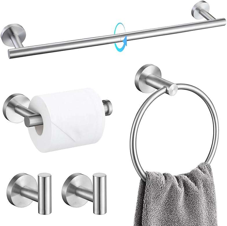 TQKAG Bathroom Towel Bar Holder Sets Brushed Nickel 23.6 Inch Round Stainless Steel Towel Bar Set 5 Piece Bathroom Accessory Set Wall Mounted - Image 1