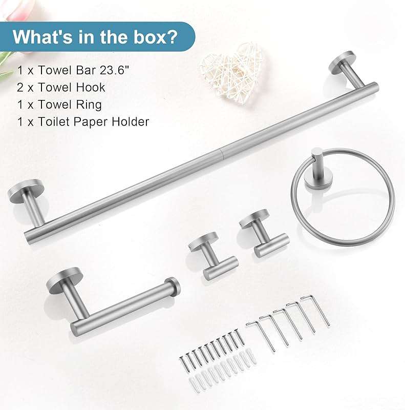 TQKAG Bathroom Towel Bar Holder Sets Brushed Nickel 23.6 Inch Round Stainless Steel Towel Bar Set 5 Piece Bathroom Accessory Set Wall Mounted - Image 8