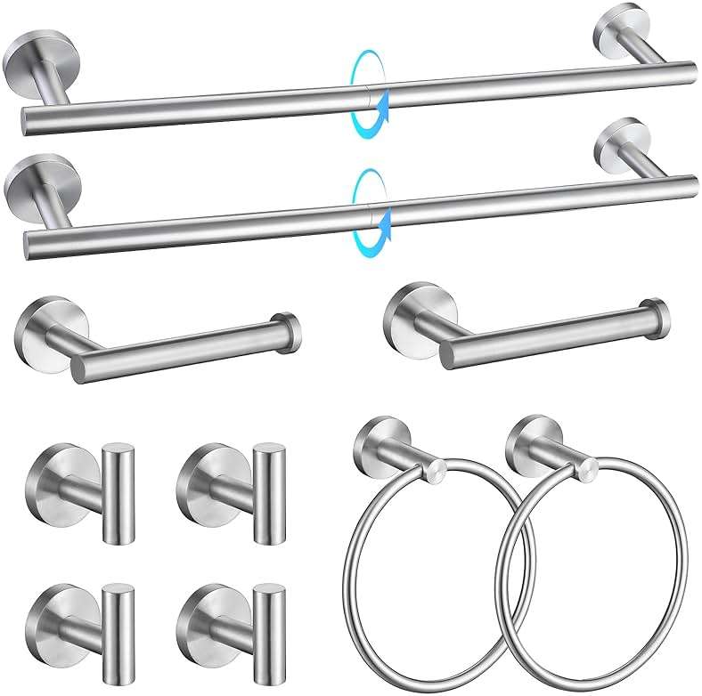 TQKAG Brushed Nickel Bathroom Hardware Accessories Set - 10-Piece Premium SUS304 Stainless Steel Towel Bar Holder Set with 23.6 Inch Round Towel Racks for Wall Mounted Bathroom - Image 1